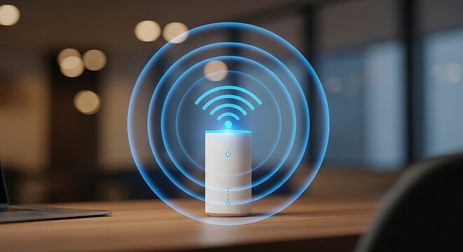Wireless internet router on wooden desk.