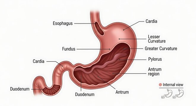 Human stomach anatomy with labeled parts.