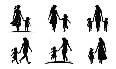 Fototapeta premium Mother and Child Holding Hands Silhouette pack designs vector illustration