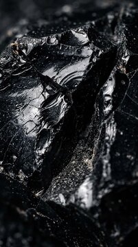 Macro View of Iridescent Black Obsidian Rock with Golden Flecks and Textured Surface Dramatic Lighting