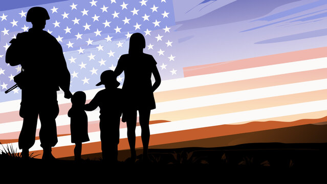 Family welcoming returning soldier silhouette at sunset with american flag background