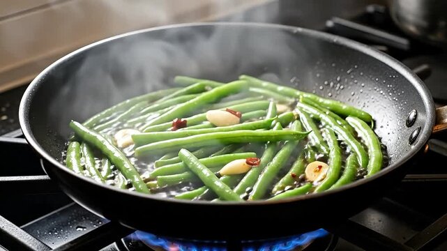 Fresh green beans saut?ed in a skillet with garlic and spices.