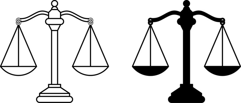 Scales of justice icon set.Legal balance symbol.Law and judiciary theme. vector illustration in outline and silhouette