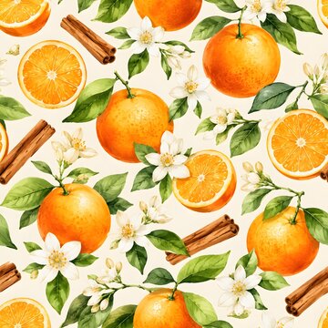 Seamless watercolor pattern with juicy oranges, cinnamon sticks and orange blossom flowers, tropical summer background