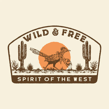 roadrunner illustration cowboy graphic hat design desert badge cactus vintage sun