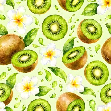 Seamless watercolor pattern with juicy kiwi slices, white frangipani flowers and juice droplets, tropical background