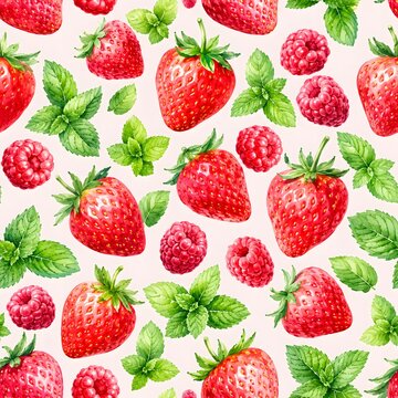 Seamless watercolor pattern with ripe strawberries, fresh raspberries and green mint leaves, summer berry background