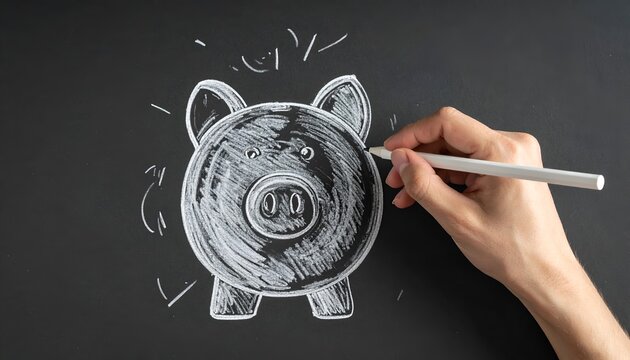 Hand draws piggy bank with chalk on dark surface. Artistic strokes create whimsical