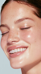 Fototapeta premium luxury dental skincare portrait with metallic braces, beauty woman smiling with orthodontic braces in studio, glamorous female portrait with braces and glossy lips on pastel background