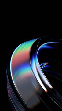 Abstract minimalist glass shape on a black background with color refraction effect, vertical 3d render