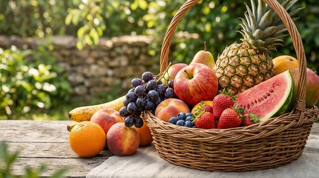 Fresh fruit basket on rustic wooden table outdoors