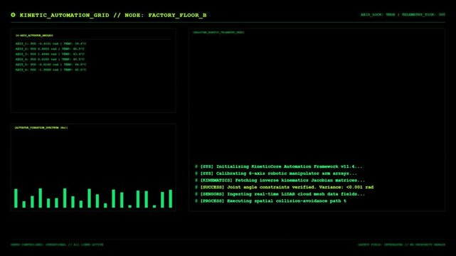 Futuristic factory automation screen with green telemetry data and robotic system control computer code.