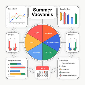 Summer vacation planning infographic with charts and graphs for travel and tourism