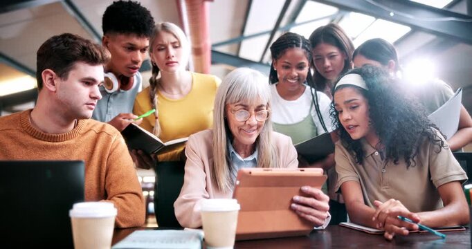 Education, tablet and teacher speaking to students in university library for group study. App, learning and lesson with woman educator talking to college class for development, future or scholarship