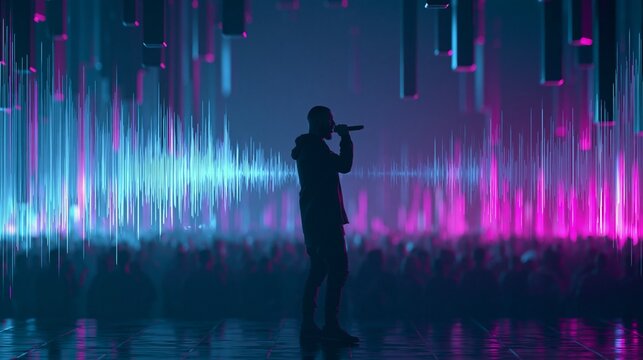 Sharp medium view of a rappers silhouette illuminated by dynamic sound waves featuring a softly blurred neonlit crowd and abstract floating bars in a glossy futuristic environment