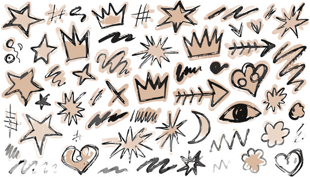 Collection of hand-drawn doodle elements, including graffiti style brush strokes, arrows, hearts, stars, checkmarks, and abstract shapes on white background.