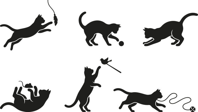 Silhouette cats playing vector illustration. black domestic animal jumping and stretching, kitten catching feather toy, chasing ball, and hunting mouse.