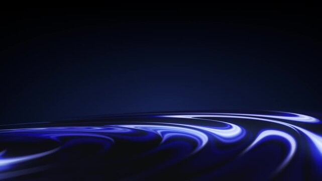 Abstract flowing glowing blue liquid waves on dark background. Futuristic neon sapphire energy surface with copy space