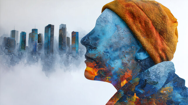 Abstract Mindscape: Womans Profile Fused with a Vibrant City