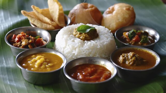 Delicious Indian meal served on a banana leaf with rice and various dishes in a vibrant setting