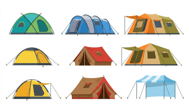 Different camping tents outdoor adventure vector set