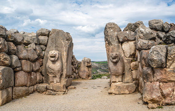 Architectural view of the famous stone-carved Lion Gate at the ancient ruins of Hattusa. The monumental gate represents the master masonry and artistic achievements of the Hittite civilization in Anat
