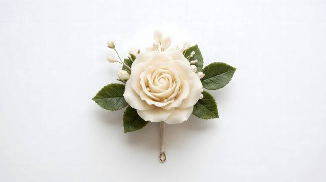 Handmade polymer clay boutonniere with pearls for a wedding. AI generated.