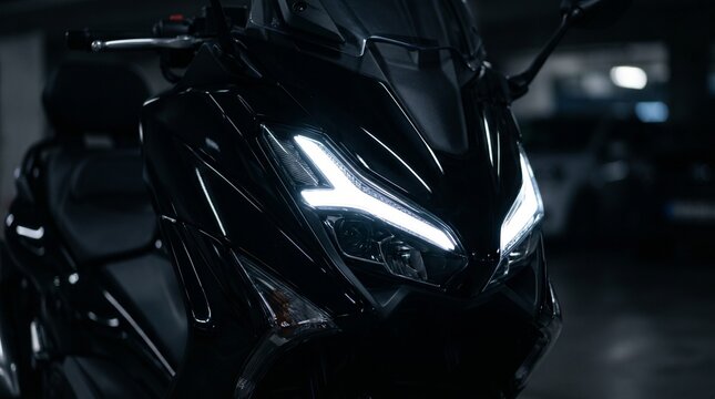 Macro shot of aggressive LED daytime running lights on modern premium maxi scooter.