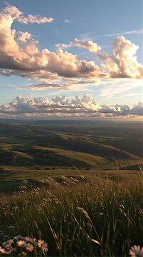 A breathtaking view of rolling hills under a blue sky with golden clouds. Daisies sway in the foreground grass. Ideal for nature documentaries or travel promotions.