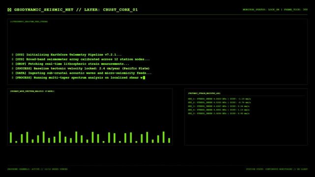 Geodynamic seismic network monitoring screen with green digital computer telemetry data and earthquake analytics interface.