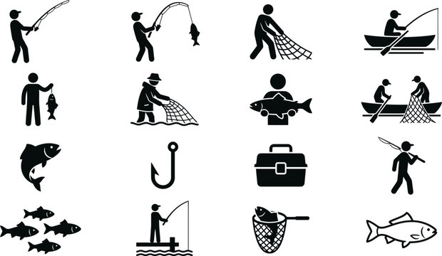 Fishing black icon vector set collection person with fishing rod boat with oars and net fish hook fishing box on checkered background.