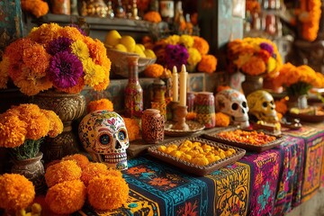 Obraz premium Day of the Dead altar with sugar skulls and marigolds