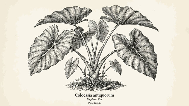 Detailed black and white illustration of Colocasia antiquorum plant with large leaves on a beige background.