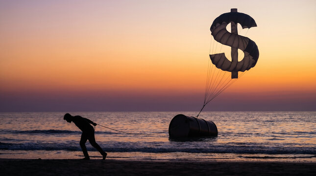 Oil prices soar with silhouette man pulling barrel at sunset