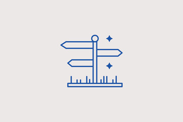 Wooden directional signpost standing on grass field line icon for route navigation for hiking tourism apps. Useful vector illustration for national park orientation guides, trail tracking logs. © HenryFord