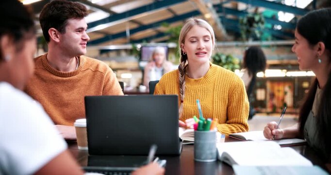 Laptop, study and smile with people in college for research, tutor session and education project. Assignment, university and knowledge with students on campus for class schedule and exam portal