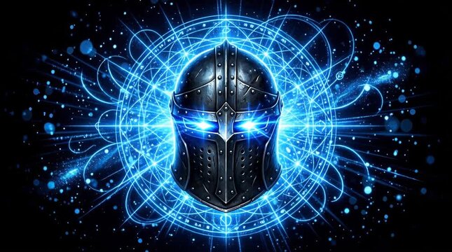 Mysterious Knight Helmet with Glowing Blue Eyes and Intricate Magical Orbs Against a Dark Background