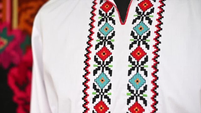 Traditional ukrainian embroidered white shirt with vibrant geometric folk patterns on display.