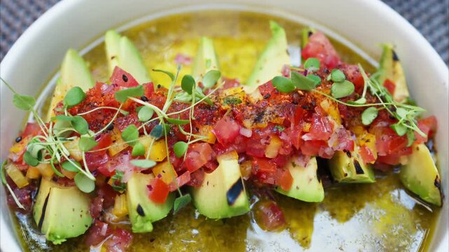 Close up of sliced grilled avocado with pico de gallo and microgreens in a sauce.