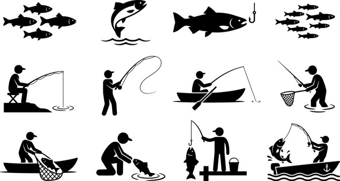 Set of fishing symbols showing different ways to catch fish including solo and group activities with nets and rods on water.