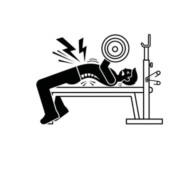 Gym user lifting a barbell while maintaining a bad spinal arch shows the dangers of poor form and improper weight training habits that lead to acute back injuries during intense bench press sets.