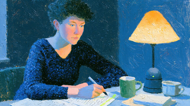 Studious woman highlighting documents under warm yellow desk lamp in deep blue interior