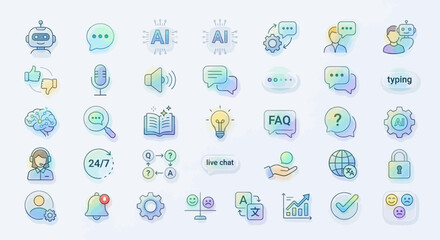 Obraz premium Sleek vector glassmorphism icon collection representing artificial intelligence, virtual chatbot communication, and responsive digital customer support