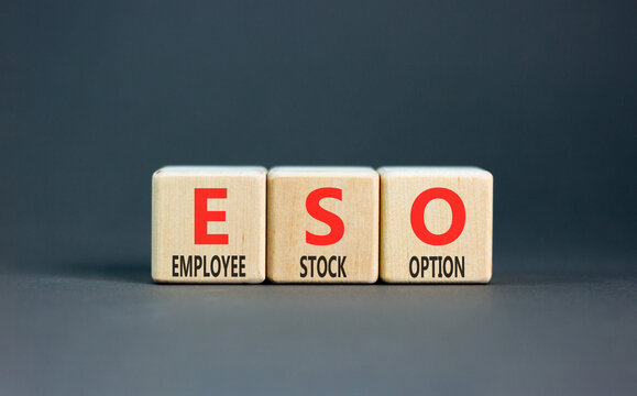 ESO employee stock option symbol. Concept words ESO employee stock option on beautiful wooden blocks. Beautiful grey background. Business ESO employee stock option concept. Copy space.