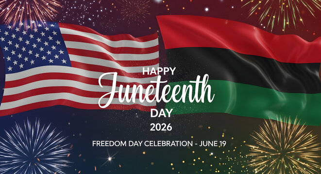 Celebratory Juneteenth Day fireworks display with American and Pan-African flags waving in vibrant patriotic colors