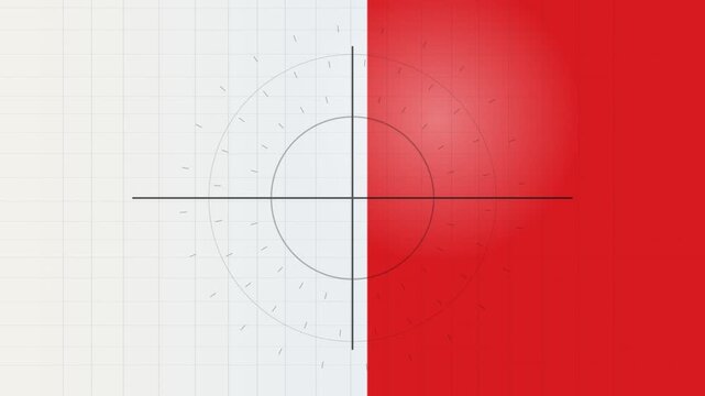 Abstract rotating technical crosshair on red and white grid background