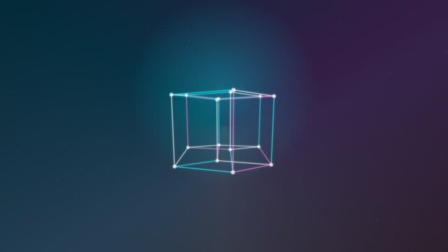 Glowing 3D tesseract hypercube rotating on dark abstract background