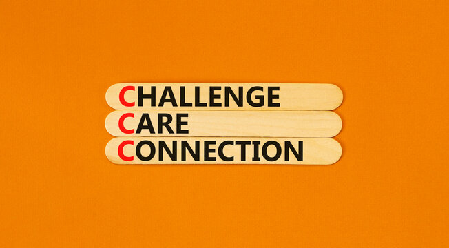 CCC challenge care connection symbol. Concept words CCC challenge care connection on beautiful wooden sticks. Beautiful orange background. Business CCC challenge care connection concept. Copy space.
