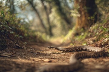 Fototapeta premium viper snake crossing a narrow forest path