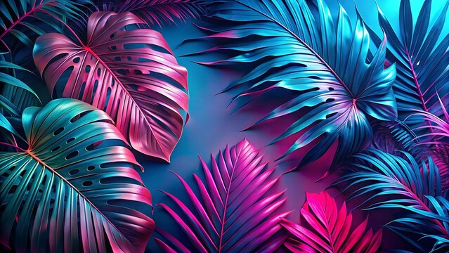 Vibrant neon palm leaves colorful digital artistic background design
